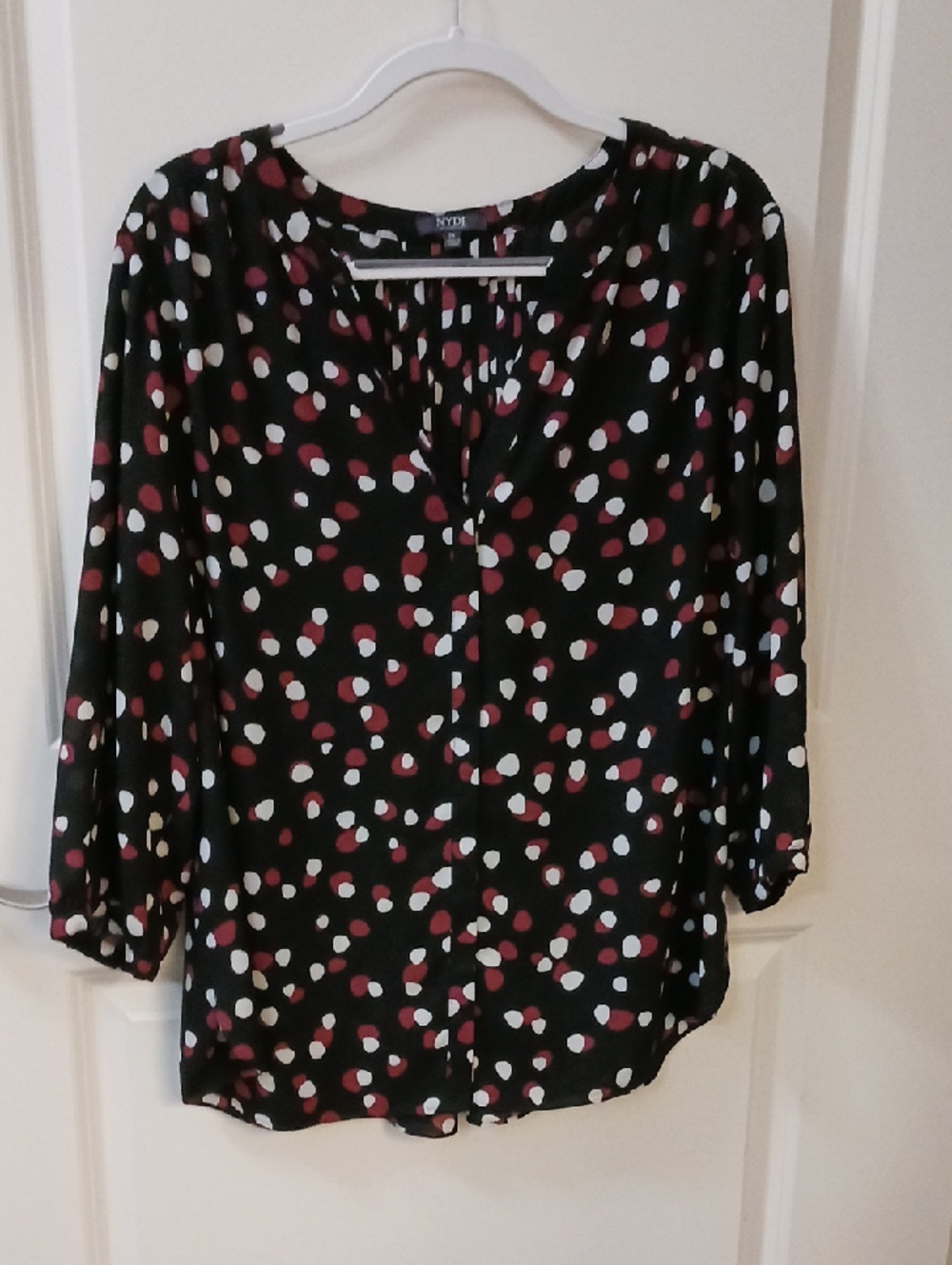 NYDJ Black Blouse with Burgundy and White Dot Print
